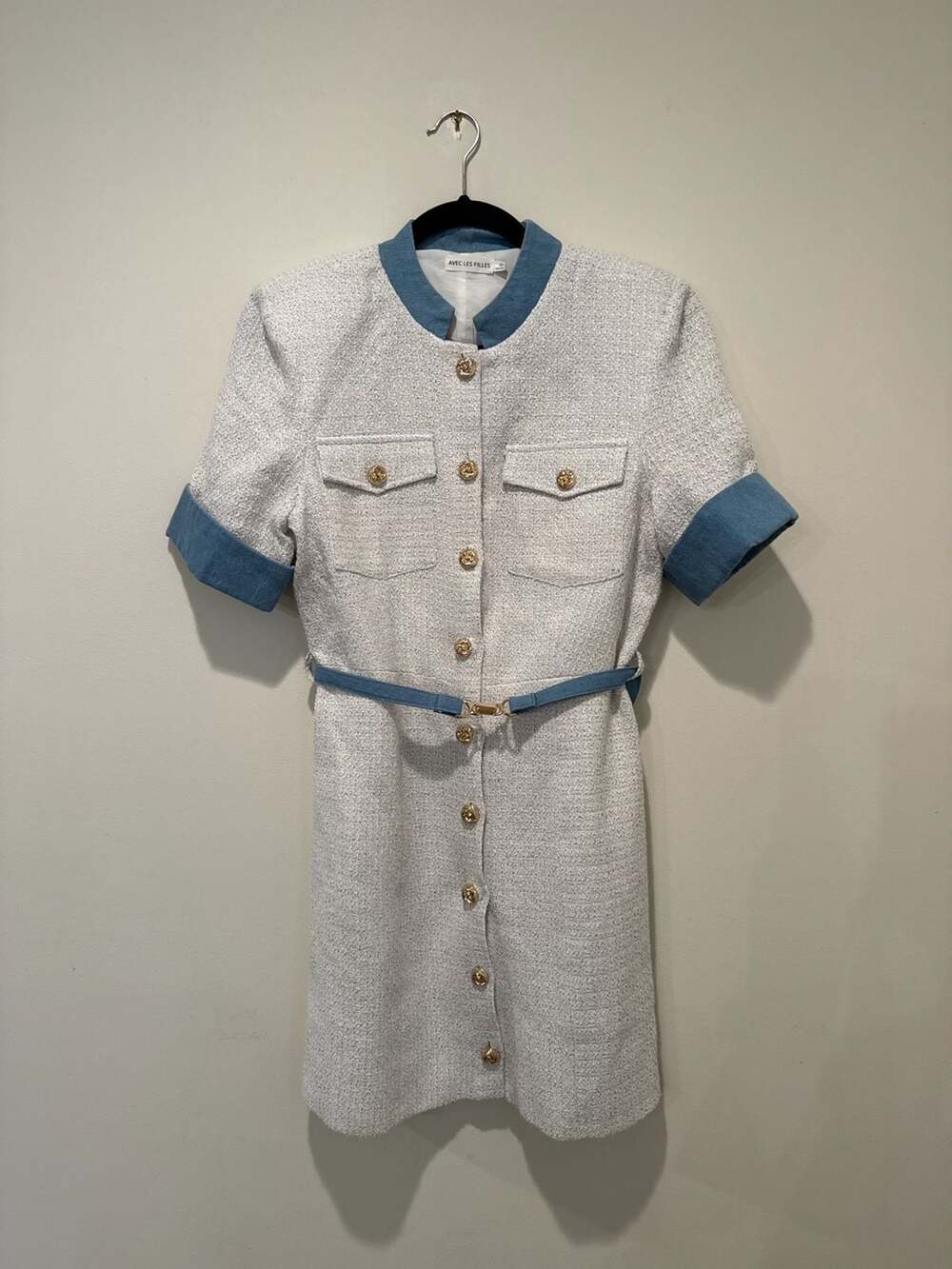Avec Les Filles Tweed Denim-Trim Belted Mini Dress Size 10